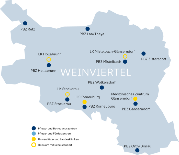 Gesundheitregion Weinviertel mit den Klinik- und PBZ-Standorten